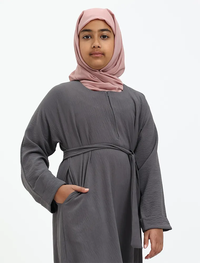 Grey Linen Feel Basic Girls Abaya